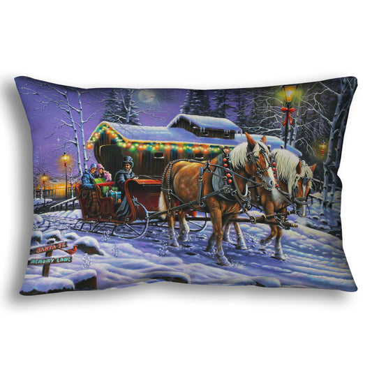 A throw pillow printed with a painting of people on a horse-drawn sleigh ride around a lake during Christmas.