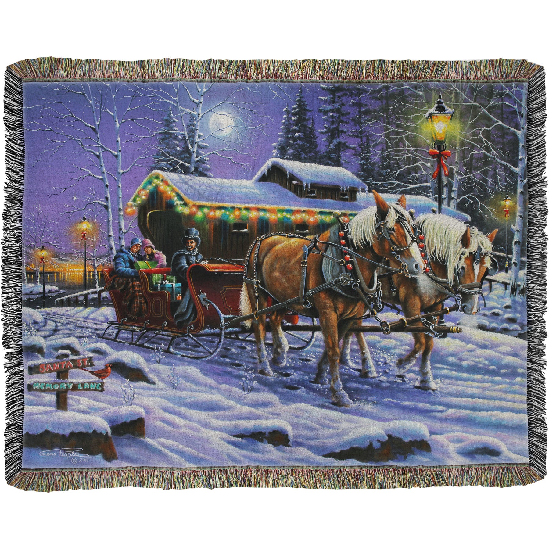 A woven throw blanket printed with a painting of people on a horse-drawn sleigh ride around a lake during Christmas.