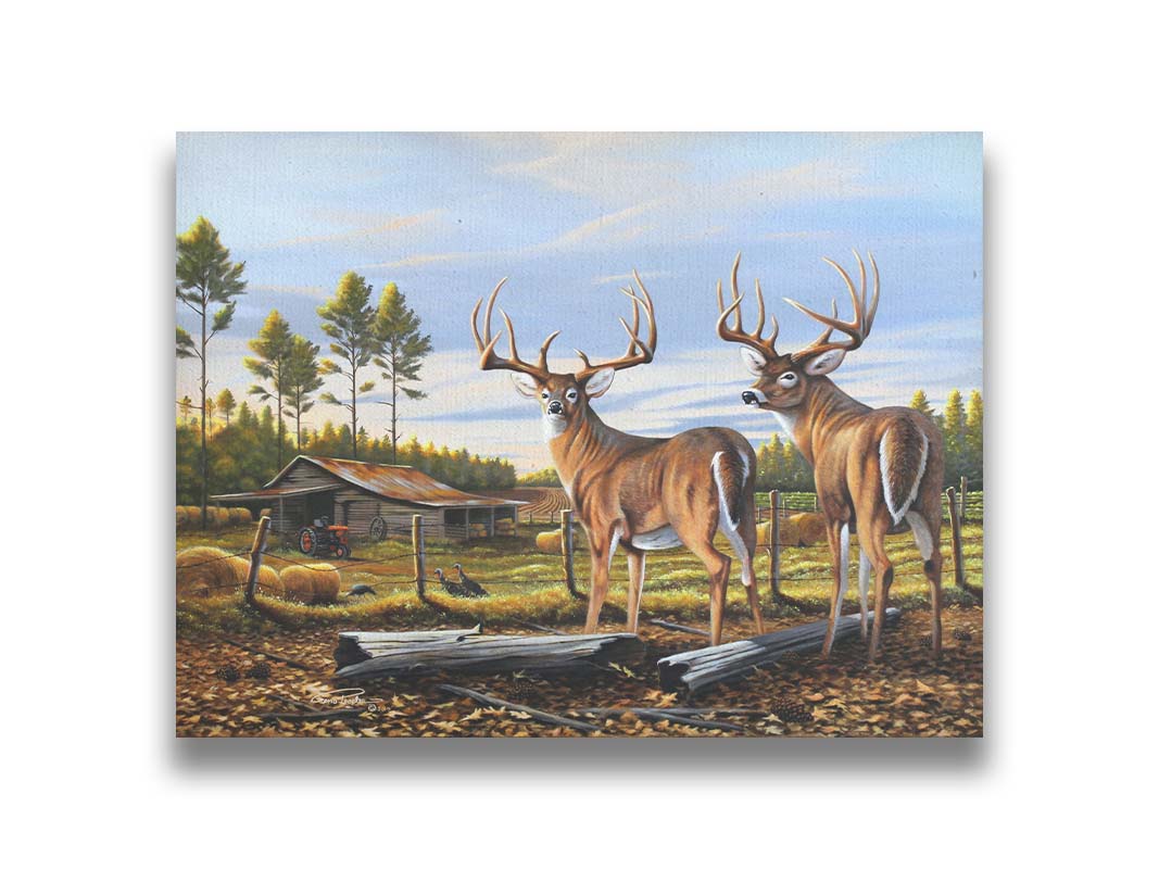 A painting of a farm landscape, featuring two deer in the foreground. Fields, buildings, hay bales, and farming equipment can be seen beyond the fence, and fallen leaves cover the ground. Printed on canvas.