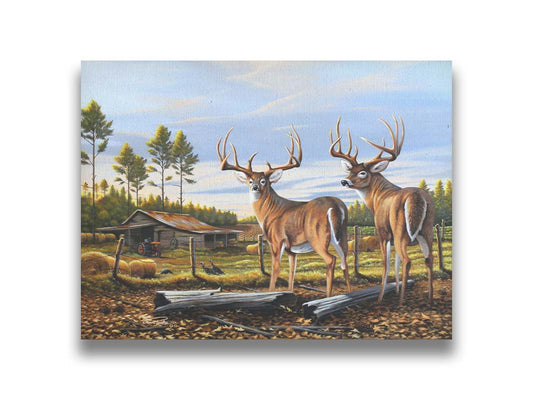 A painting of a farm landscape, featuring two deer in the foreground. Fields, buildings, hay bales, and farming equipment can be seen beyond the fence, and fallen leaves cover the ground. Printed on canvas.