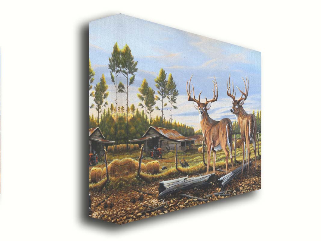 A painting of a farm landscape, featuring two deer in the foreground. Fields, buildings, hay bales, and farming equipment can be seen beyond the fence, and fallen leaves cover the ground. Printed on canvas.