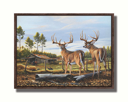 A painting of a farm landscape, featuring two deer in the foreground. Fields, buildings, hay bales, and farming equipment can be seen beyond the fence, and fallen leaves cover the ground. Printed on canvas in a float frame.