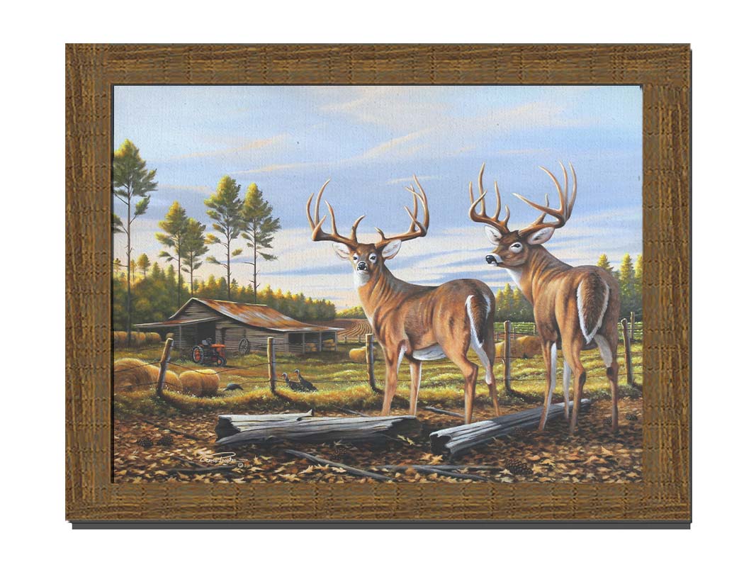 A painting of a farm landscape, featuring two deer in the foreground. Fields, buildings, hay bales, and farming equipment can be seen beyond the fence, and fallen leaves cover the ground. Printed on canvas and framed.