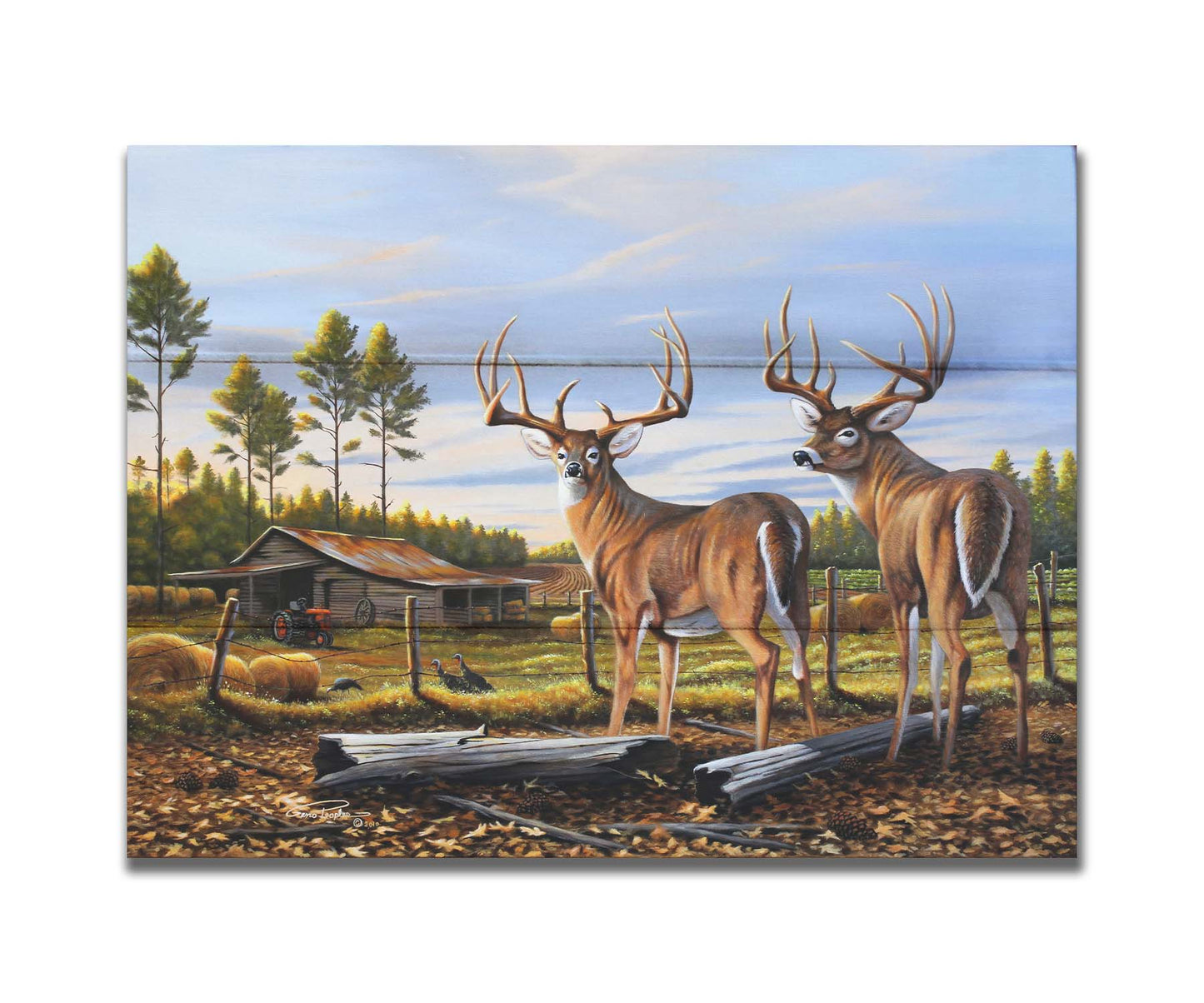 A painting of a farm landscape, featuring two deer in the foreground. Fields, buildings, hay bales, and farming equipment can be seen beyond the fence, and fallen leaves cover the ground. Printed on a box board.