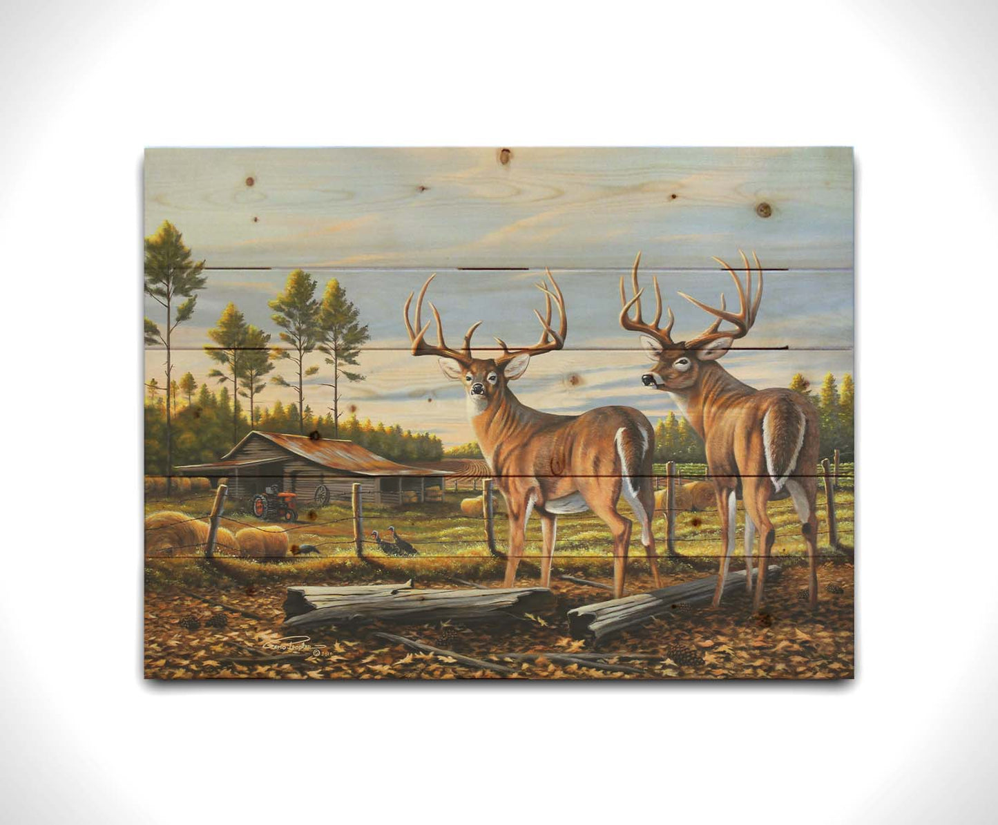 A painting of a farm landscape, featuring two deer in the foreground. Fields, buildings, hay bales, and farming equipment can be seen beyond the fence, and fallen leaves cover the ground. Printed on a wood pallet.