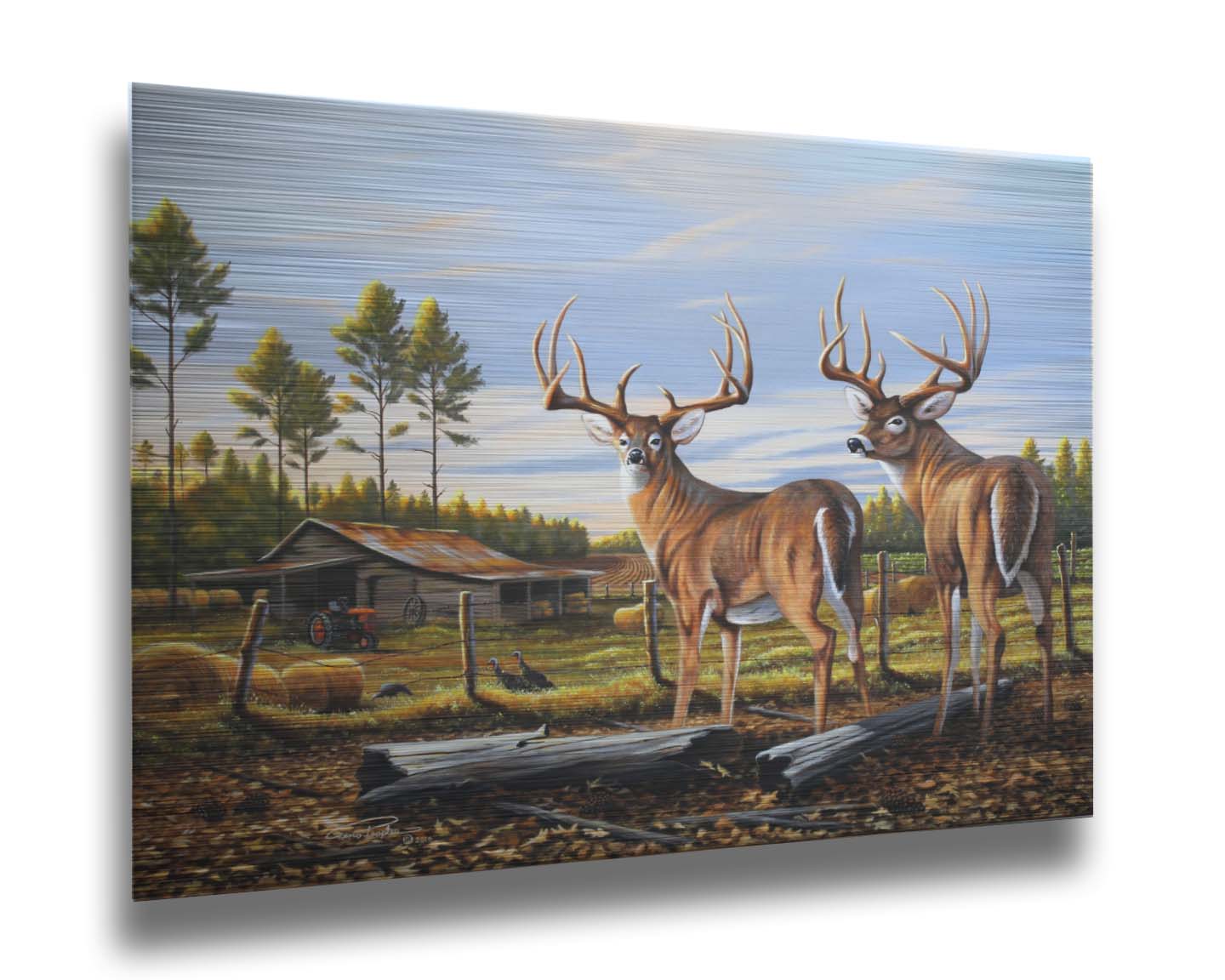 A painting of a farm landscape, featuring two deer in the foreground. Fields, buildings, hay bales, and farming equipment can be seen beyond the fence, and fallen leaves cover the ground. Printed on metal.