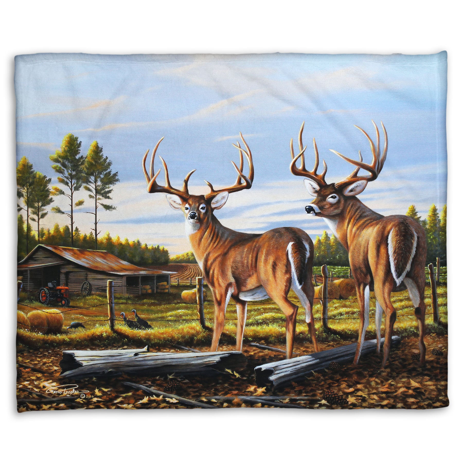 A coral fleece blanket designed with a painting of a farm landscape, featuring two deer in the foreground. Fields, buildings, hay bales, and farming equipment can be seen beyond the fence, and fallen leaves cover the ground. 