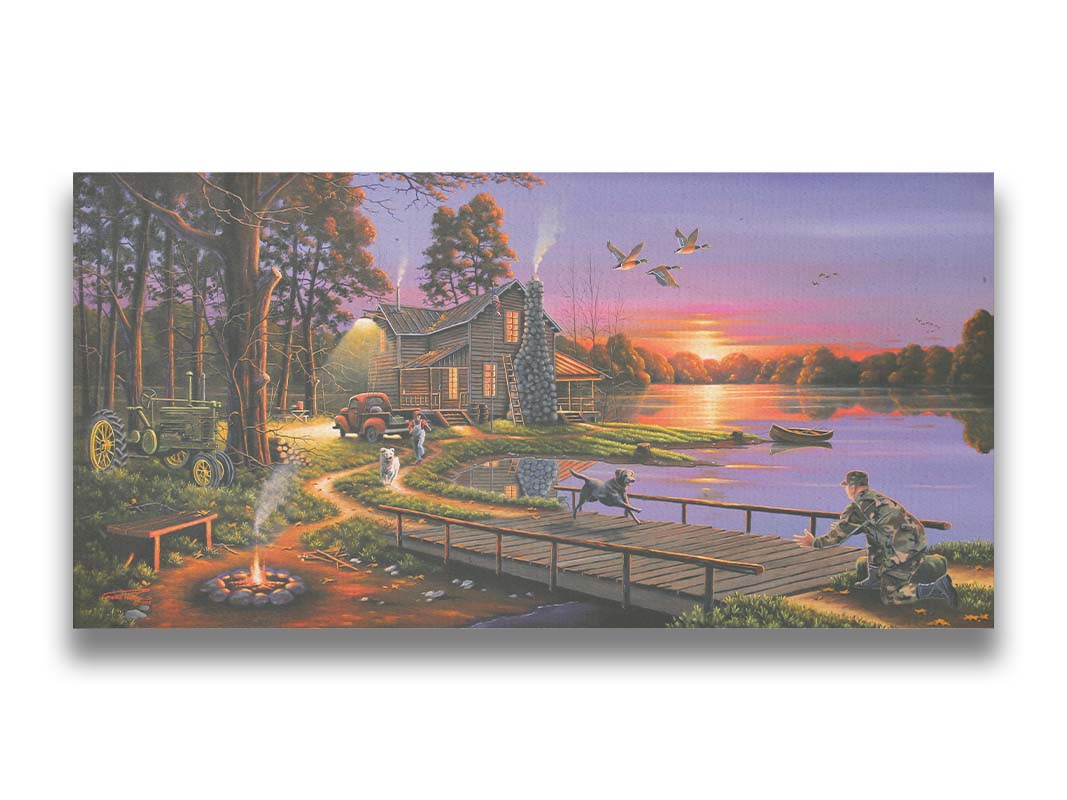 A painting of a soldier returning home to his house on the lake, being greeted by his family and dogs. Geese fly overhead into the sunset. Printed on canvas.