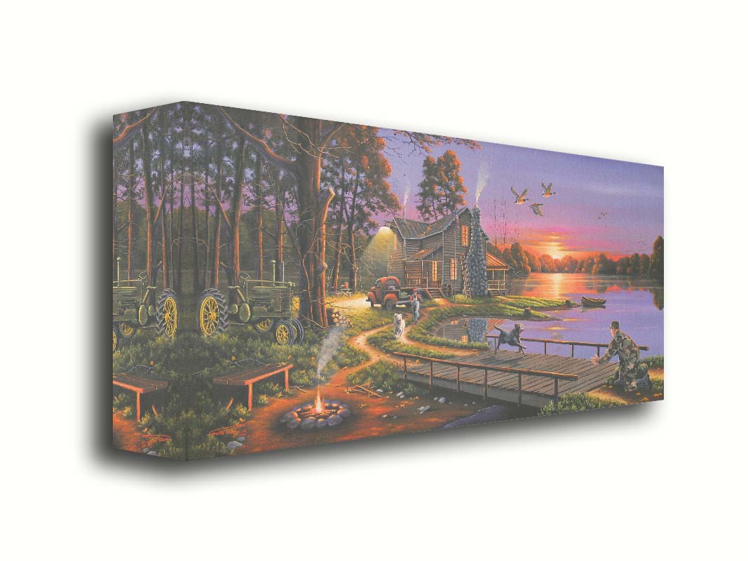 A painting of a soldier returning home to his house on the lake, being greeted by his family and dogs. Geese fly overhead into the sunset. Printed on canvas.