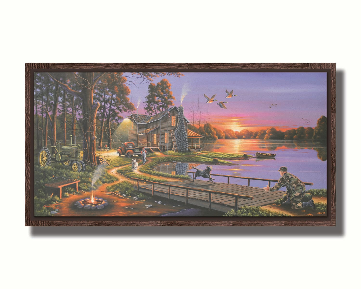 A painting of a soldier returning home to his house on the lake, being greeted by his family and dogs. Geese fly overhead into the sunset. Printed on canvas in a float frame.