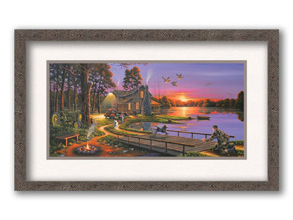 A painting of a soldier returning home to his house on the lake, being greeted by his family and dogs. Geese fly overhead into the sunset. Printed on paper, matted, and framed.