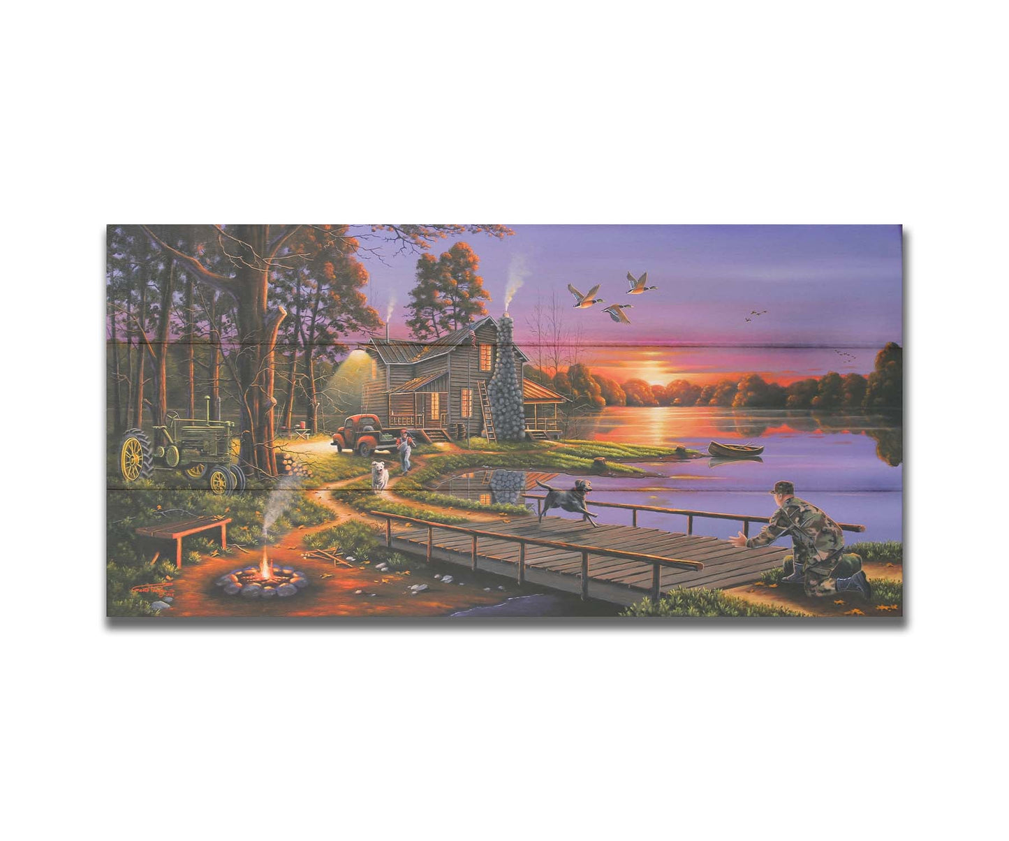 A painting of a soldier returning home to his house on the lake, being greeted by his family and dogs. Geese fly overhead into the sunset. Printed on a box board.