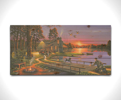 A painting of a soldier returning home to his house on the lake, being greeted by his family and dogs. Geese fly overhead into the sunset. Printed on a wood pallet.