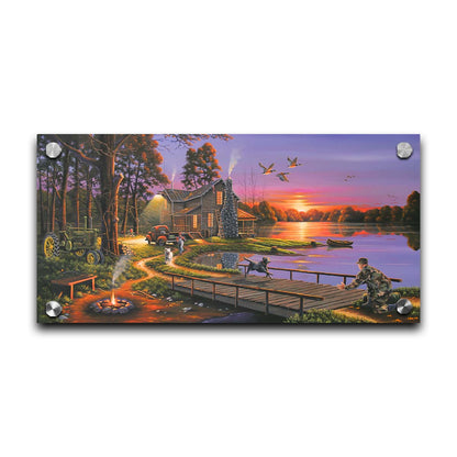 A painting of a soldier returning home to his house on the lake, being greeted by his family and dogs. Geese fly overhead into the sunset. Printed on acrylic.