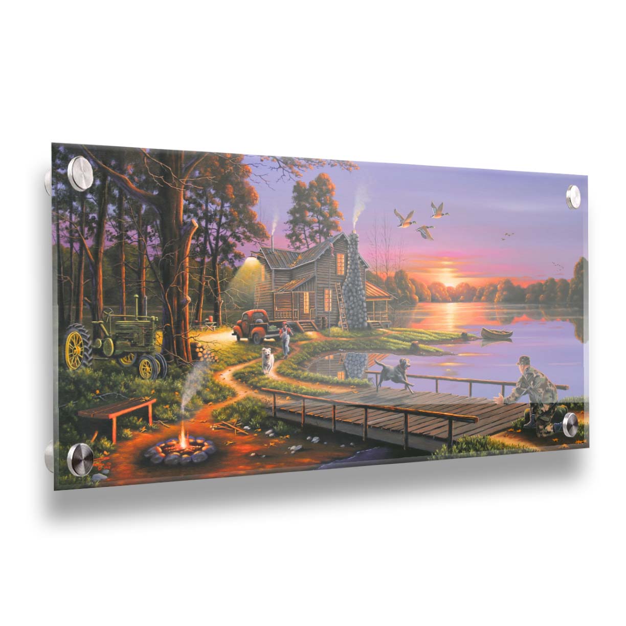 A painting of a soldier returning home to his house on the lake, being greeted by his family and dogs. Geese fly overhead into the sunset. Printed on acrylic.