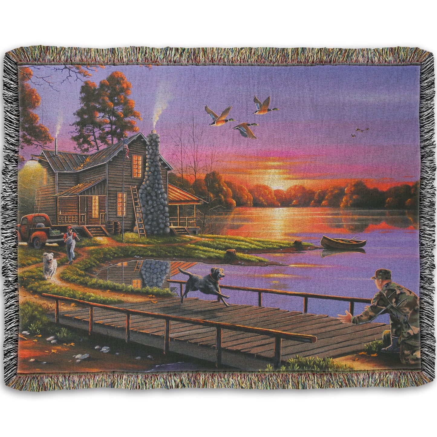 A woven throw blanket designed with a painting of a soldier returning home to his house on the lake, being greeted by his family and dogs. Geese fly overhead into the sunset. 