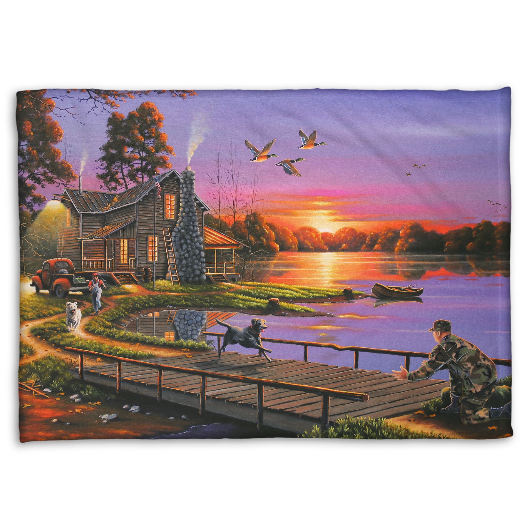 A coral fleece blanket designed with a painting of a soldier returning home to his house on the lake, being greeted by his family and dogs. Geese fly overhead into the sunset. 