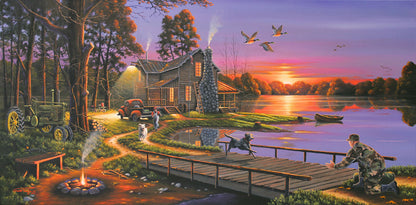 A painting of a soldier returning home to his house on the lake, being greeted by his family and dogs. Geese fly overhead into the sunset. 
