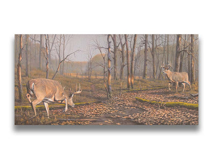 A painting of two deer approaching each other in the woods. The two bucks are about to fight, as is evident by their body language. Printed on canvas.