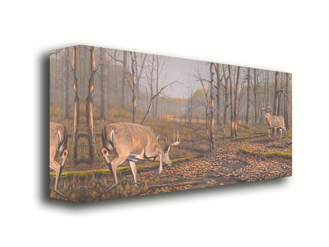 A painting of two deer approaching each other in the woods. The two bucks are about to fight, as is evident by their body language. Printed on canvas.