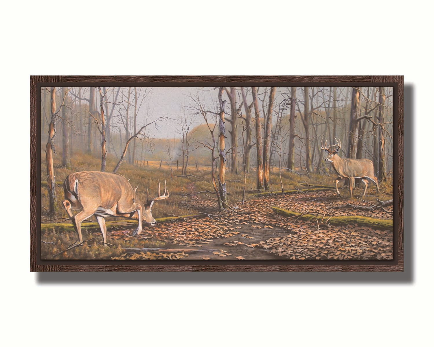 A painting of two deer approaching each other in the woods. The two bucks are about to fight, as is evident by their body language. Printed on canvas and framed.