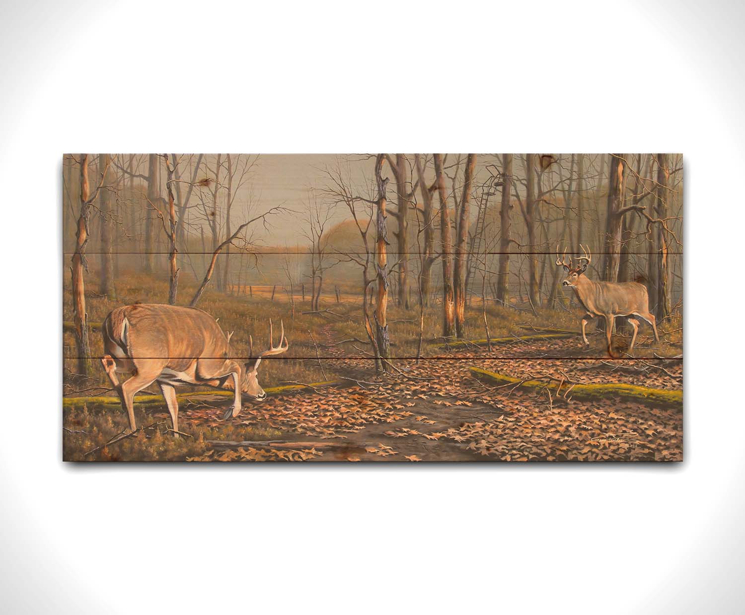 A painting of two deer approaching each other in the woods. The two bucks are about to fight, as is evident by their body language. Printed on a wood pallet.