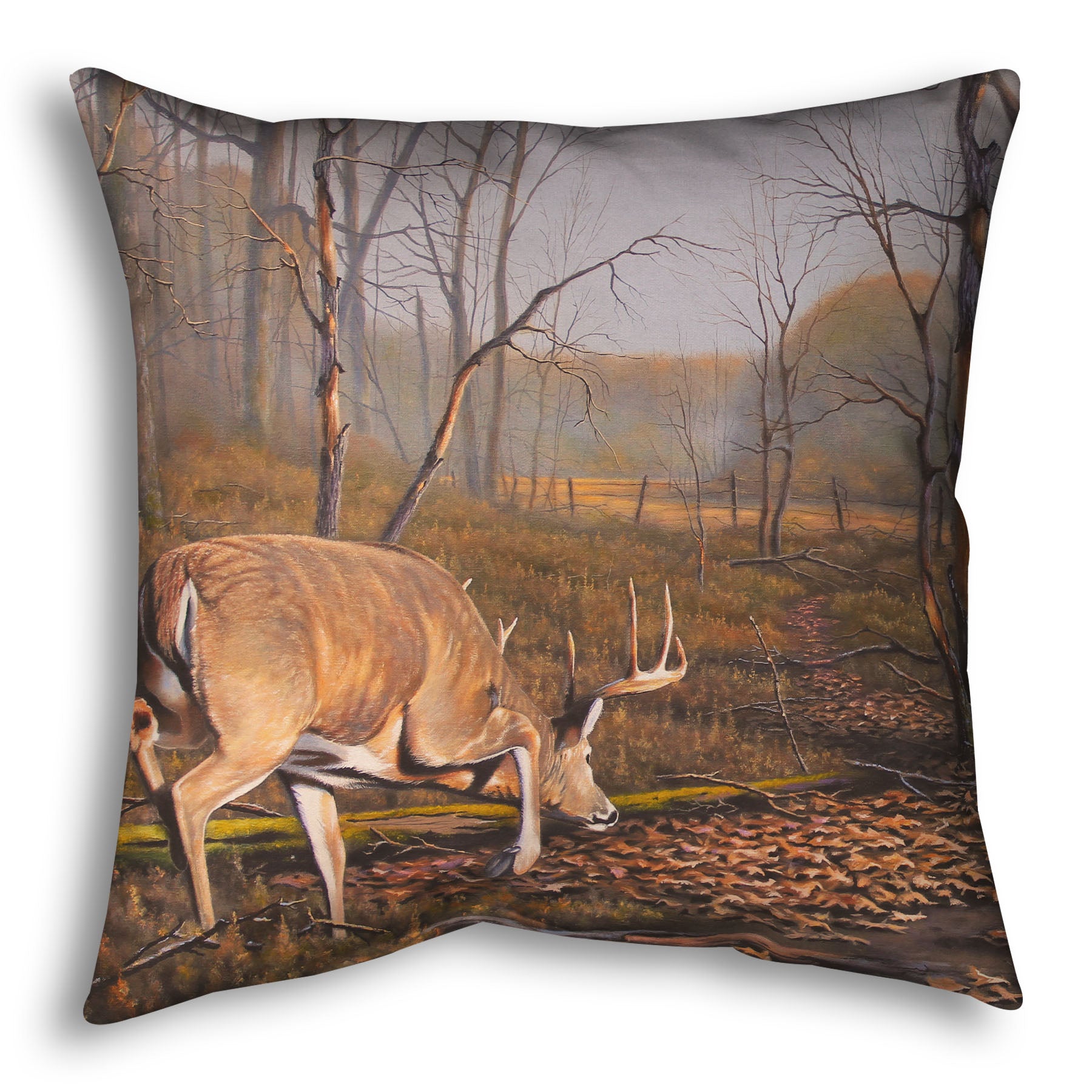 A throw pillow designed with a painting of deer approaching each other in the woods. The two bucks are about to fight, as is evident by their body language.