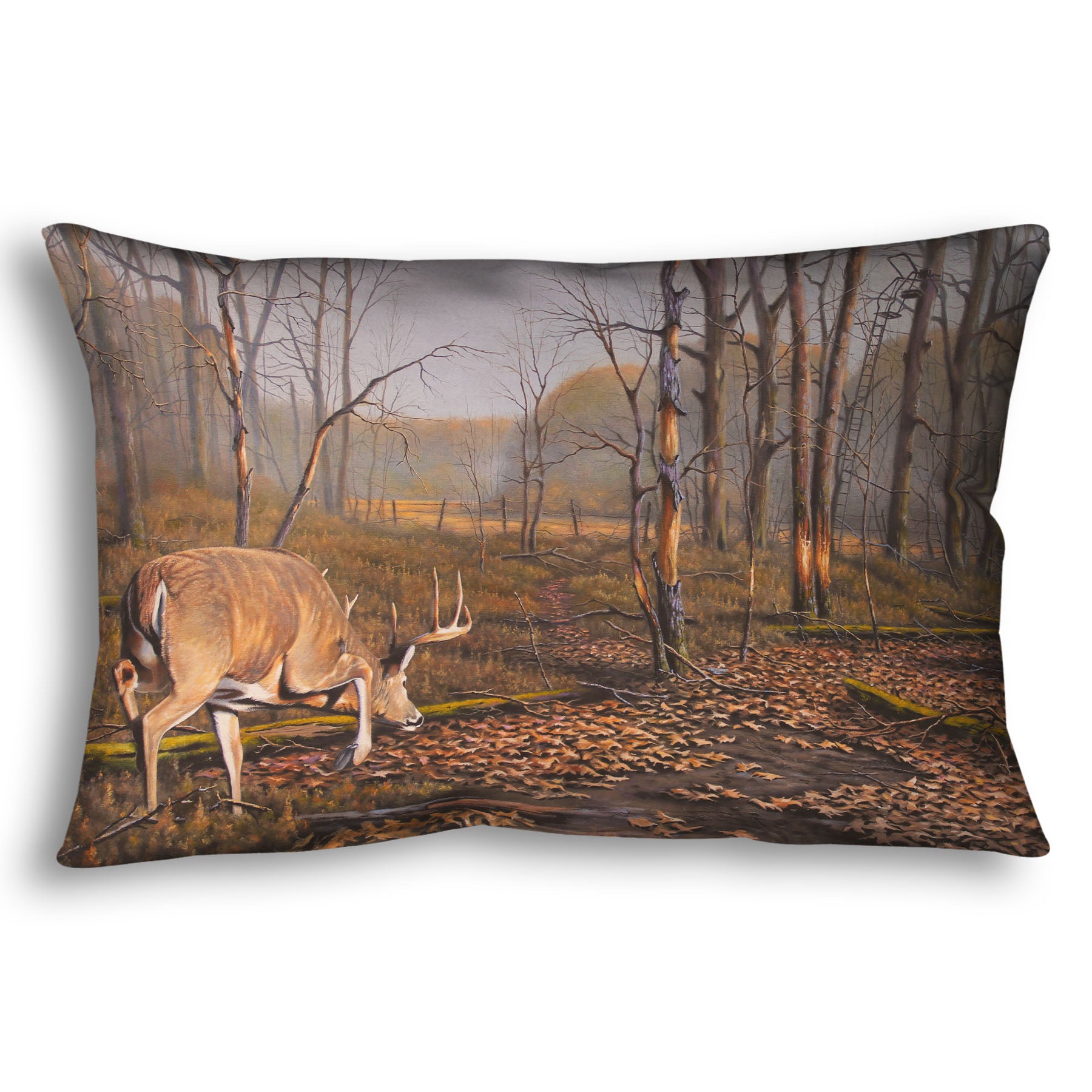 A throw pillow designed with a painting of deer approaching each other in the woods. The two bucks are about to fight, as is evident by their body language.