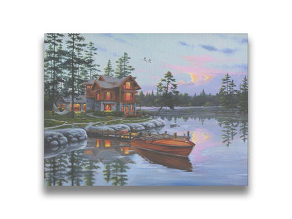 A painting of a lakeside cabin, with a boat out on the water and geese overhead. Printed on canvas.