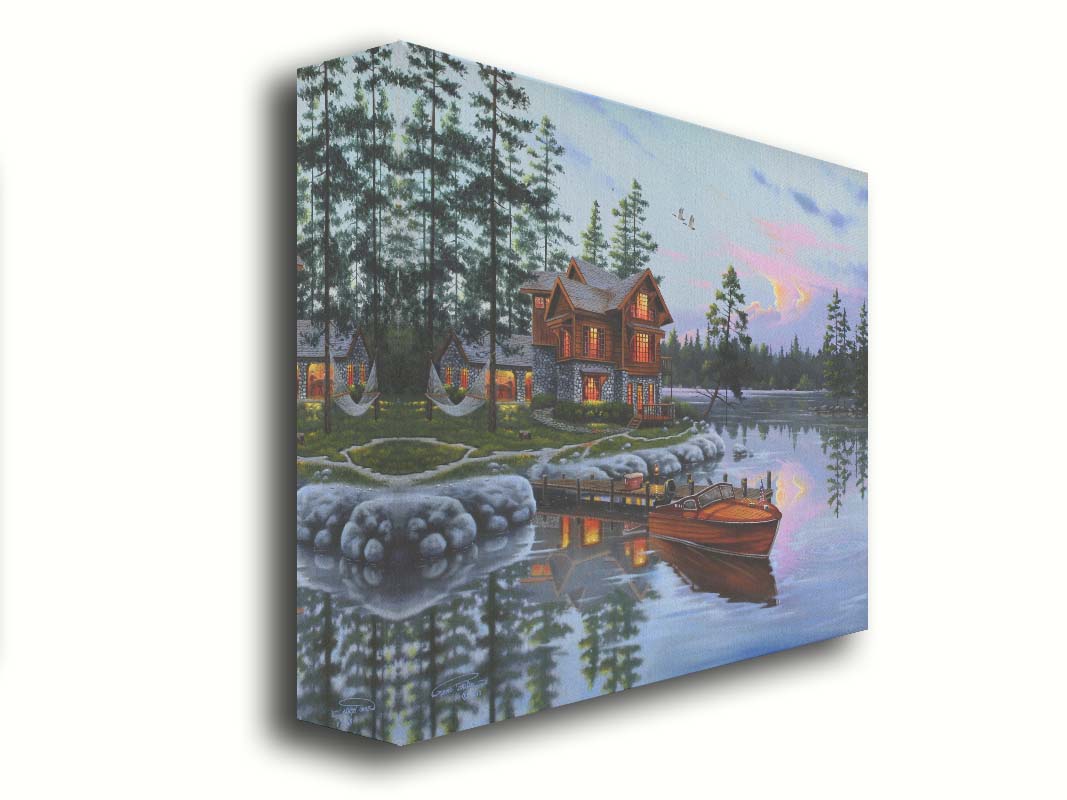 A painting of a lakeside cabin, with a boat out on the water and geese overhead. Printed on canvas.