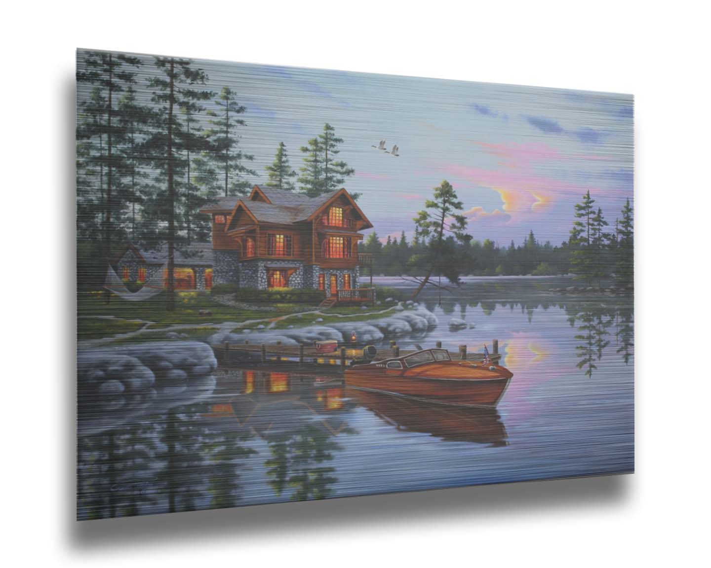 A painting of a lakeside cabin, with a boat out on the water and geese overhead. Printed on metal.