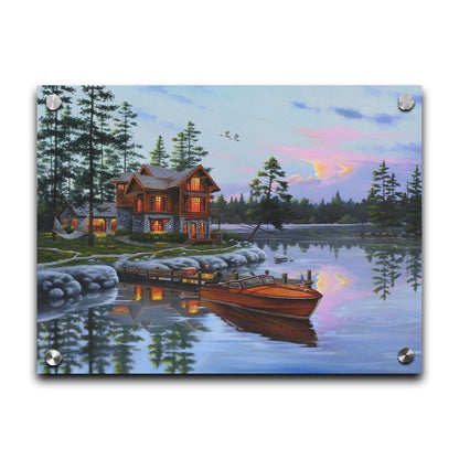 A painting of a lakeside cabin, with a boat out on the water and geese overhead. Printed on acrylic.