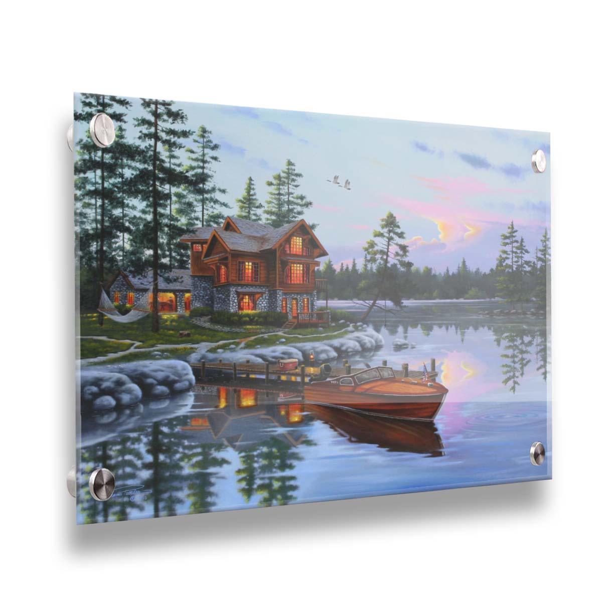 A painting of a lakeside cabin, with a boat out on the water and geese overhead. Printed on acrylic.