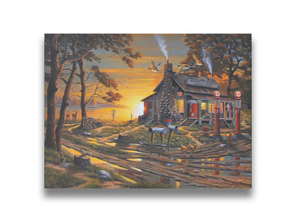 A painting of a lakeside gas station and general store at sunset, surrounded by wildlife such as deer, geese, squirrels, and chickens. Printed on canvas.