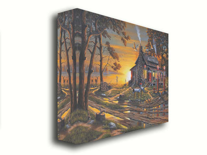 A painting of a lakeside gas station and general store at sunset, surrounded by wildlife such as deer, geese, squirrels, and chickens. Printed on canvas.