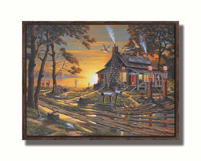 A painting of a lakeside gas station and general store at sunset, surrounded by wildlife such as deer, geese, squirrels, and chickens. Printed on canvas in a float frame.