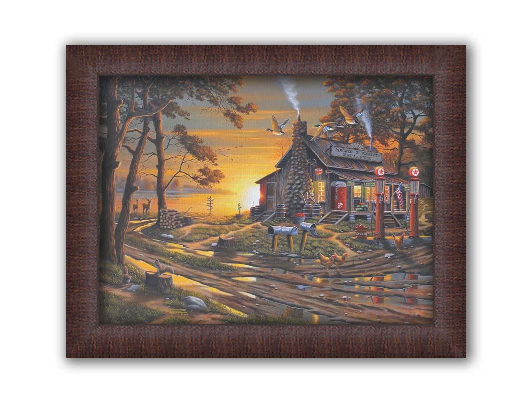 A painting of a lakeside gas station and general store at sunset, surrounded by wildlife such as deer, geese, squirrels, and chickens. Printed on canvas and framed.