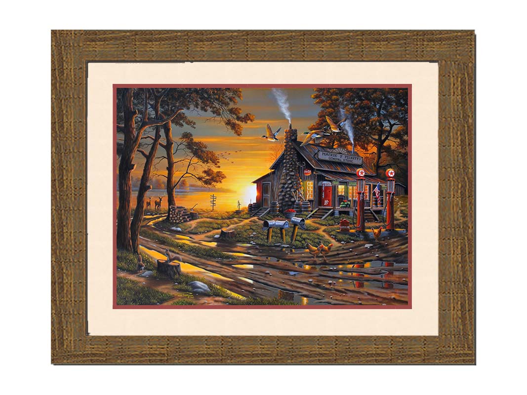 A painting of a lakeside gas station and general store at sunset, surrounded by wildlife such as deer, geese, squirrels, and chickens. Printed on paper, matted, and framed.