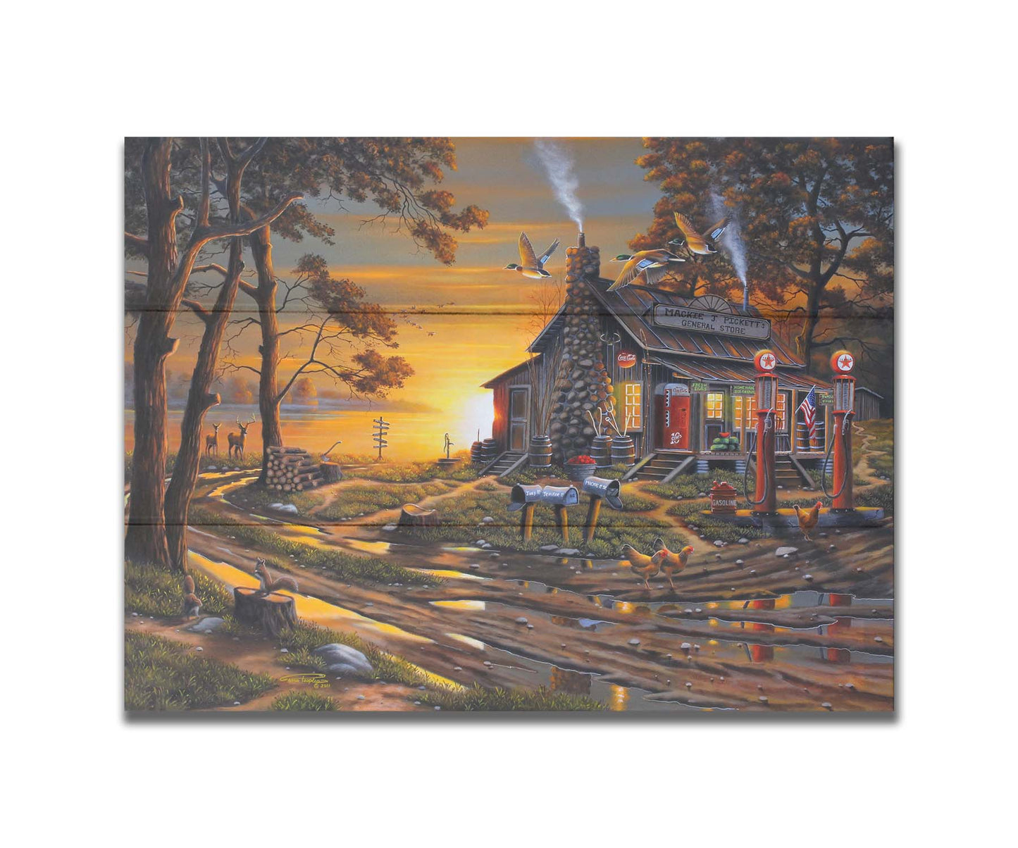 A painting of a lakeside gas station and general store at sunset, surrounded by wildlife such as deer, geese, squirrels, and chickens. Printed on a box board.