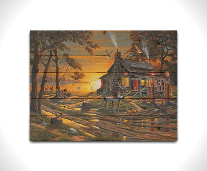 A painting of a lakeside gas station and general store at sunset, surrounded by wildlife such as deer, geese, squirrels, and chickens. Printed on a wood pallet.