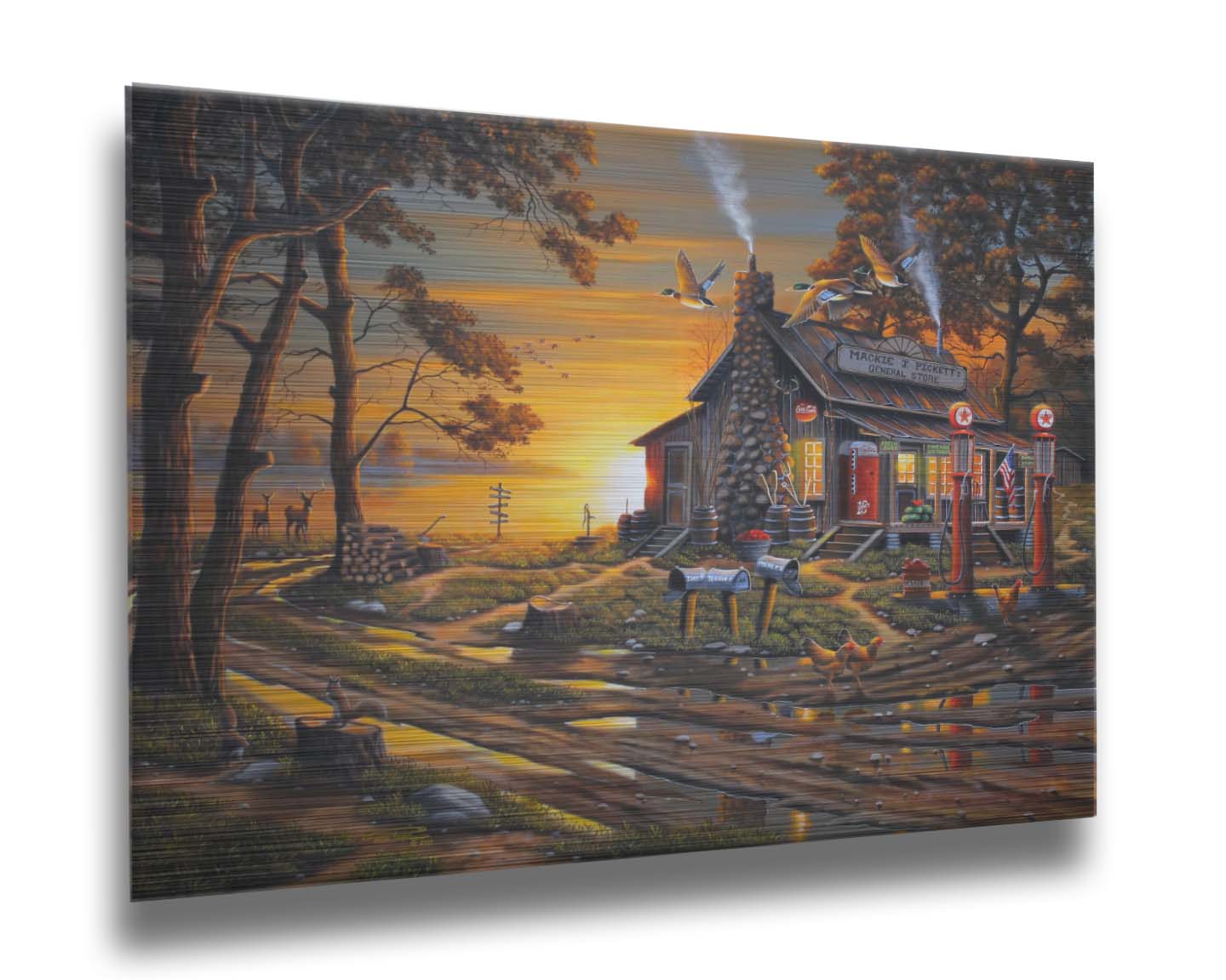 A painting of a lakeside gas station and general store at sunset, surrounded by wildlife such as deer, geese, squirrels, and chickens. Printed on metal.