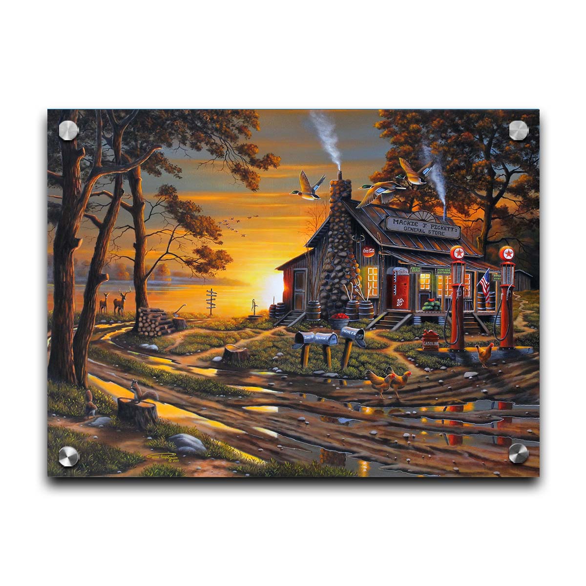 A painting of a lakeside gas station and general store at sunset, surrounded by wildlife such as deer, geese, squirrels, and chickens. Printed on acrylic.