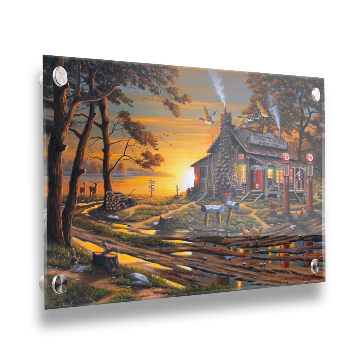 A painting of a lakeside gas station and general store at sunset, surrounded by wildlife such as deer, geese, squirrels, and chickens. Printed on acrylic.