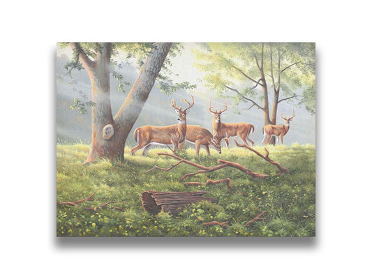 A painting of four deer in a grassy forest landscape, with beams of sunlight pouring down through the branches. Printed on canvas.