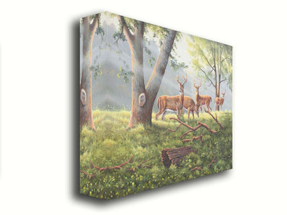 A painting of four deer in a grassy forest landscape, with beams of sunlight pouring down through the branches. Printed on canvas.