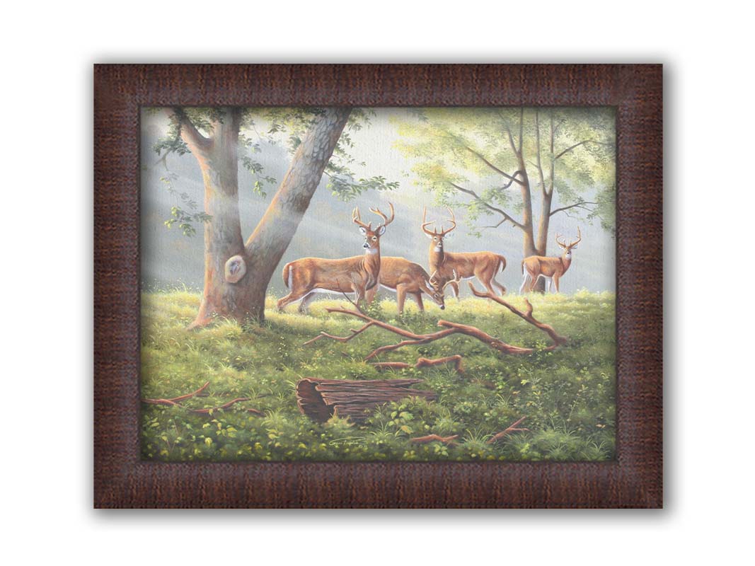 A painting of four deer in a grassy forest landscape, with beams of sunlight pouring down through the branches. Printed on canvas and framed.