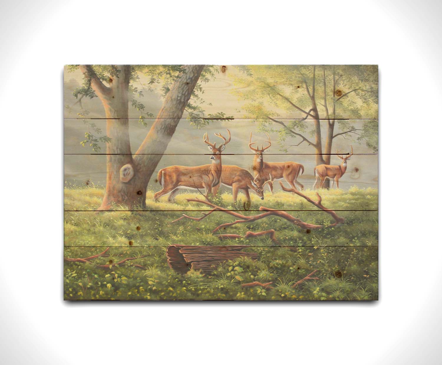 A painting of four deer in a grassy forest landscape, with beams of sunlight pouring down through the branches. Printed on a wood pallet.