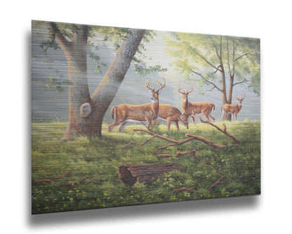 A painting of four deer in a grassy forest landscape, with beams of sunlight pouring down through the branches. Printed on metal.