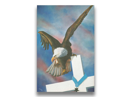 Painting of an eagle on a soldier's grave, with a background of red, white, and blue. Printed on canvas.