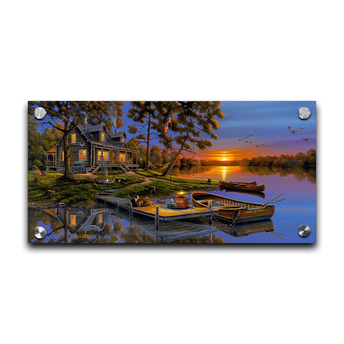 A painting of an American lakeside cabin at sunset, with boats on the water and geese overhead. Printed on acrylic.